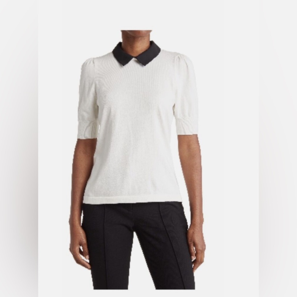 CeCe White Black Collar Puff Sleeve Sweater